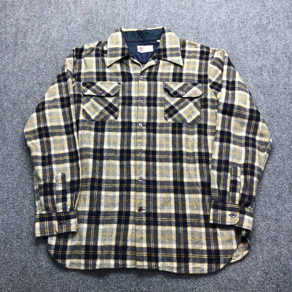Vintage Kings Road Sears Plaid Wool Flannel Shirt Mens Large Navy Yellow